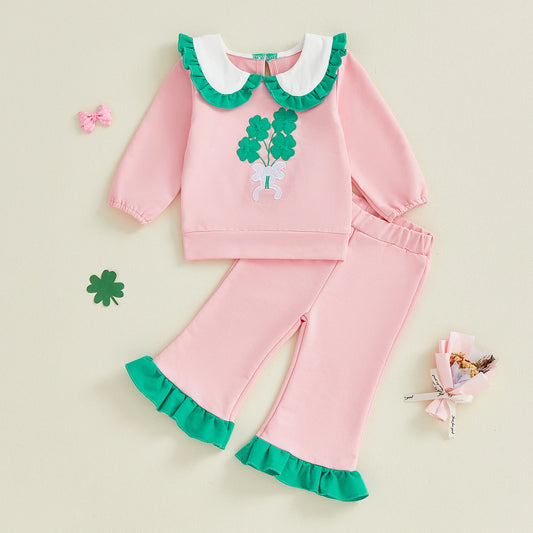 Baby Toddler Girl 2Pcs Spring Outfit Clover Bow Embroidered Doll Collar Top and Flare Pants 2 Piece Set