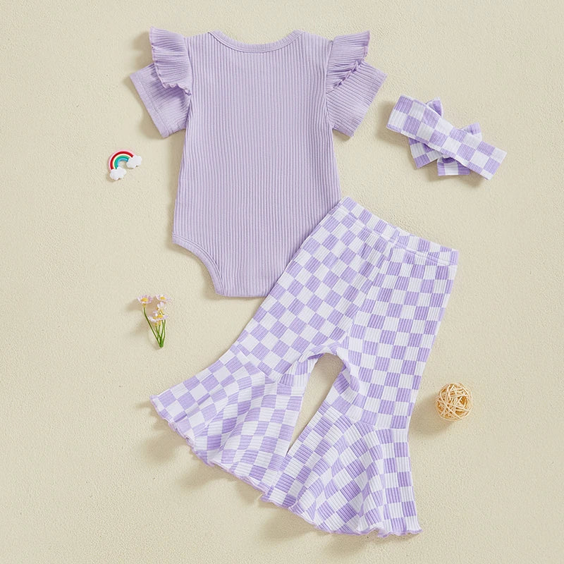 Baby Girls 3Pcs Summer Spring Clothes Solid Ribbed Short Sleeve Romper with Checkered Print Flare Long Pants and Headband Set