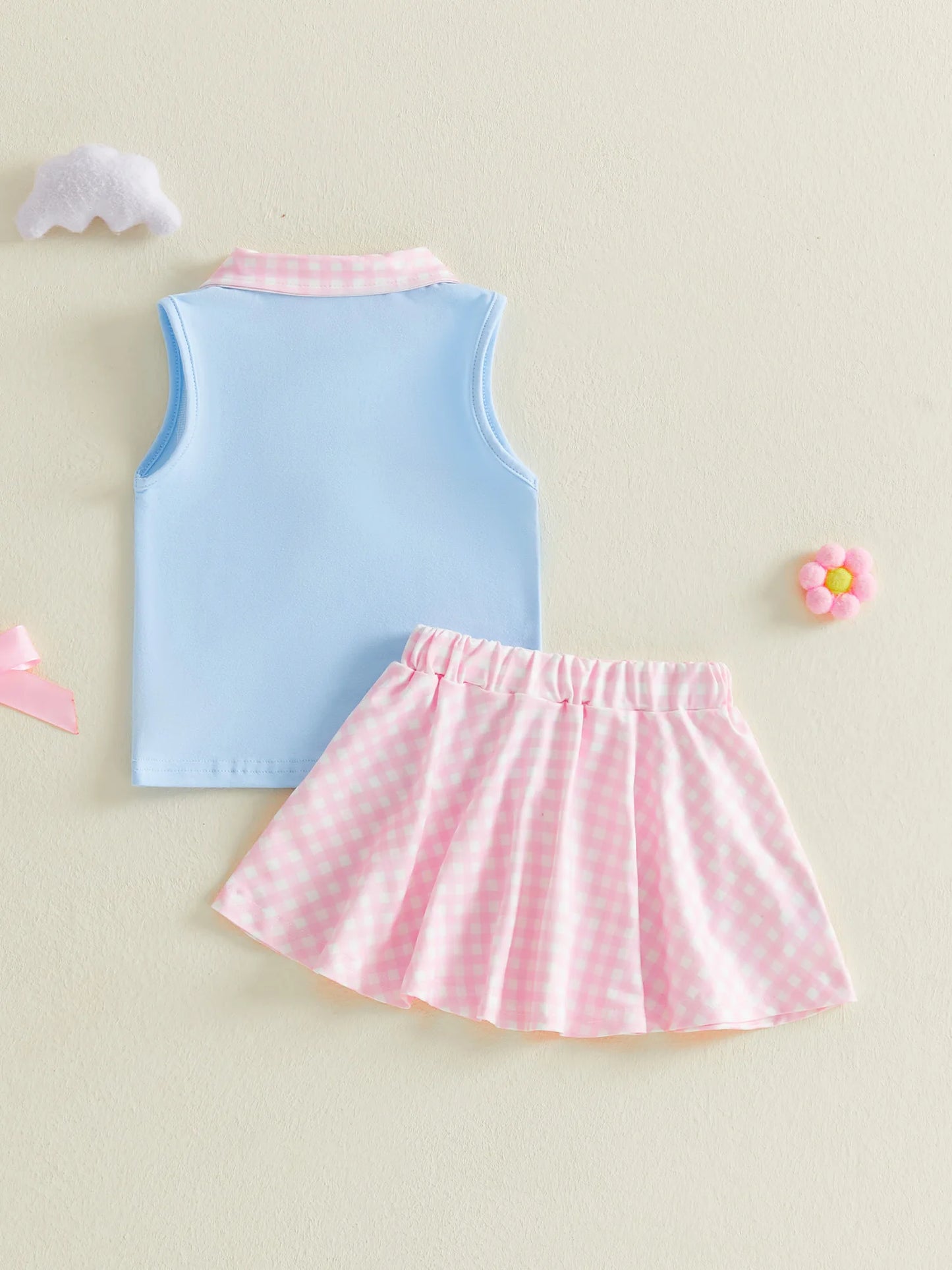 Baby Toddler Girls 2Pcs Outfit Bow Embroidery Sleeveless Turn Down Collar Tank Top and Elastic Waist Plaid Skirt Set