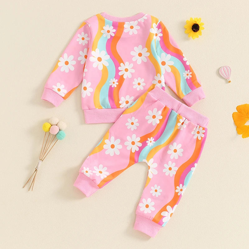 Baby Toddler Girls 2Pcs Fall Outfit Striped Daisy Flower Print Long Sleeve Top and Elastic Pants Set