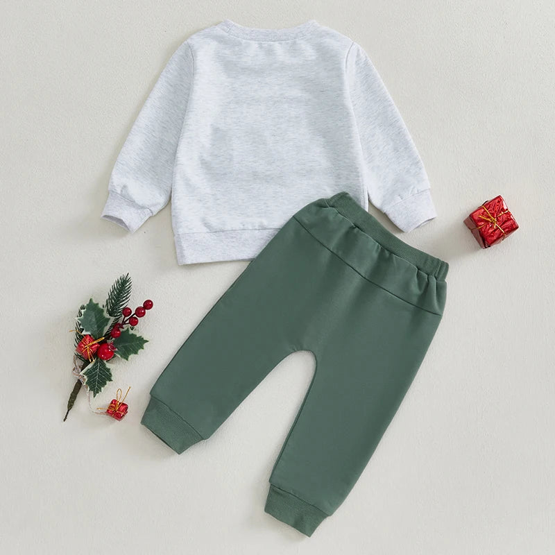 Baby Toddler Boys 2Pcs Merry Christmas Santa Hat / Tis The Season Tree Outfit Letter Embroidery Long Sleeve Top Long Pants Winter Jogger Set