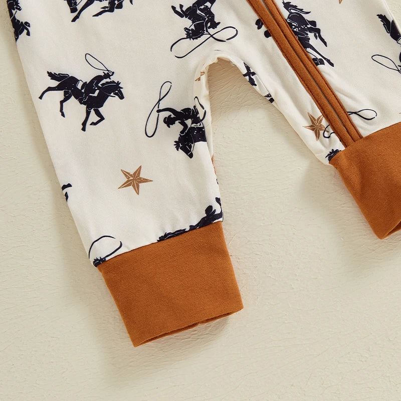 Baby Boy Zipper Romper Casual Western Cowboy Horse Print Long Sleeve Jumpsuit