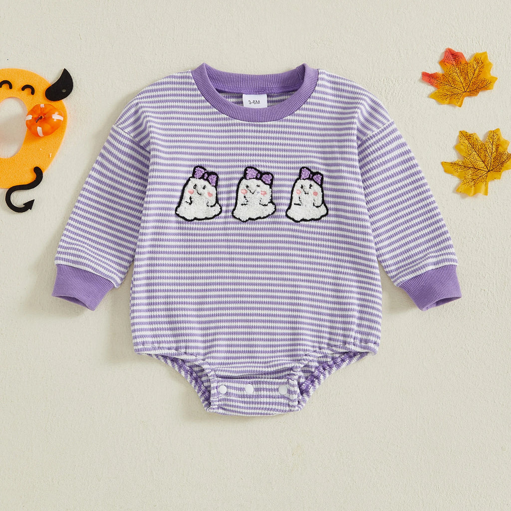 Baby Girls Boys Halloween Striped Romper Pumpkin/Ghost Embroidery Long Sleeve Jumpsuit