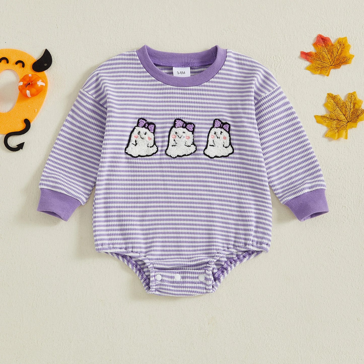 Baby Girls Boys Halloween Striped Romper Pumpkin/Ghost Embroidery Long Sleeve Jumpsuit