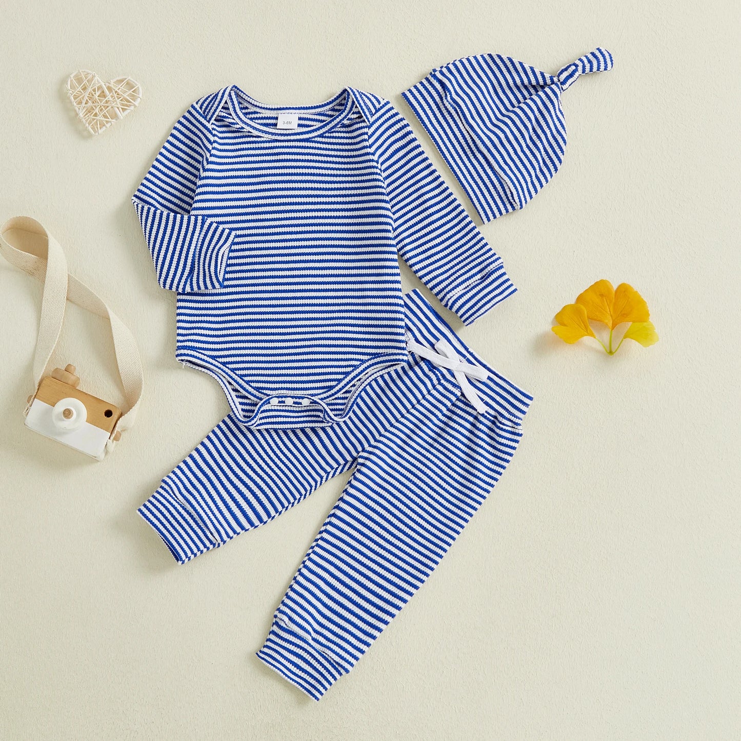 Baby Boys Girls 3Pcs Outfits Striped Crew Neck Long Sleeve Romper Pants and Cap Hat Set