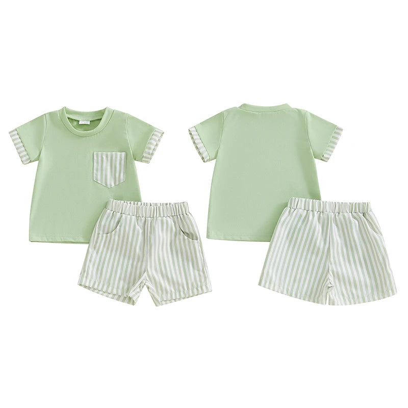 Baby Toddler Boys 2Pcs Set O-Neck Short Sleeve T-shirt Top Striped Elastic Waist Shorts Summer Outfit