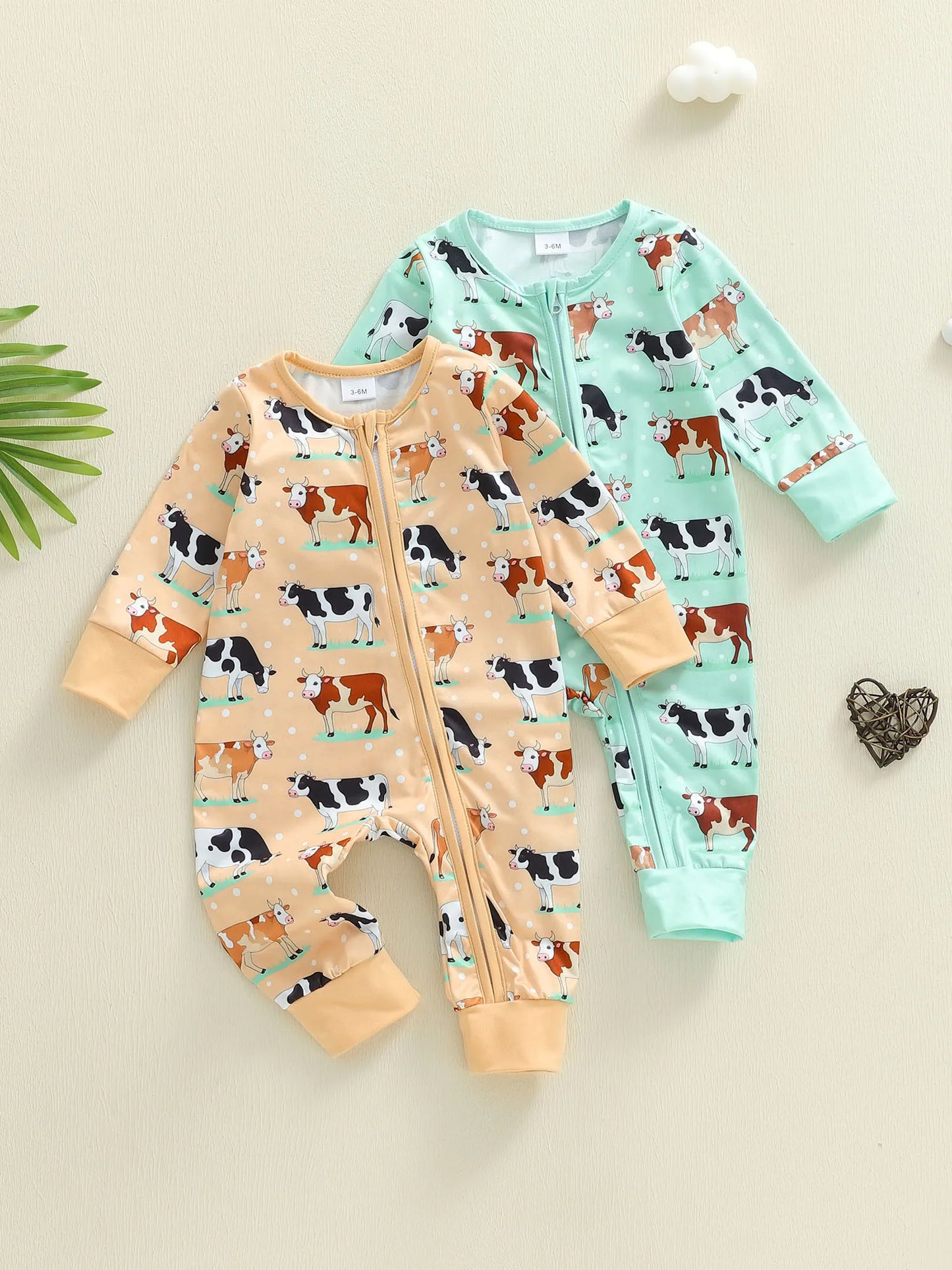 Baby Boy Girl Cow Printed Romper Fashionable Round Neck Long Sleeve Fall Spring Zipper Jumpsuits