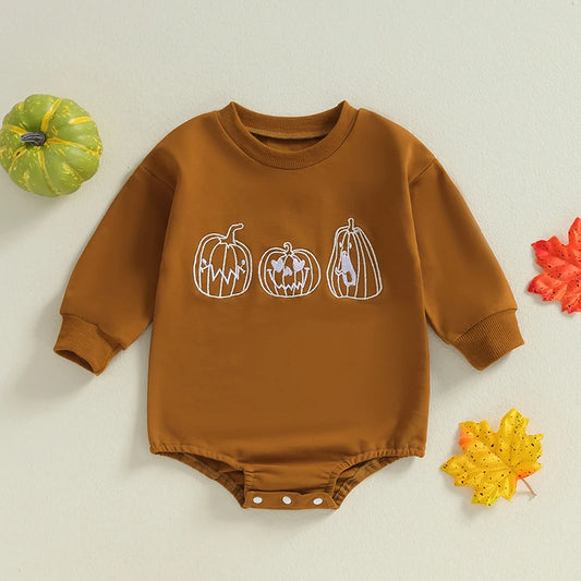 Baby Girls Boys Halloween Fall Romper Pumpkin Embroidered Long Sleeve Round Neck Jumpsuit