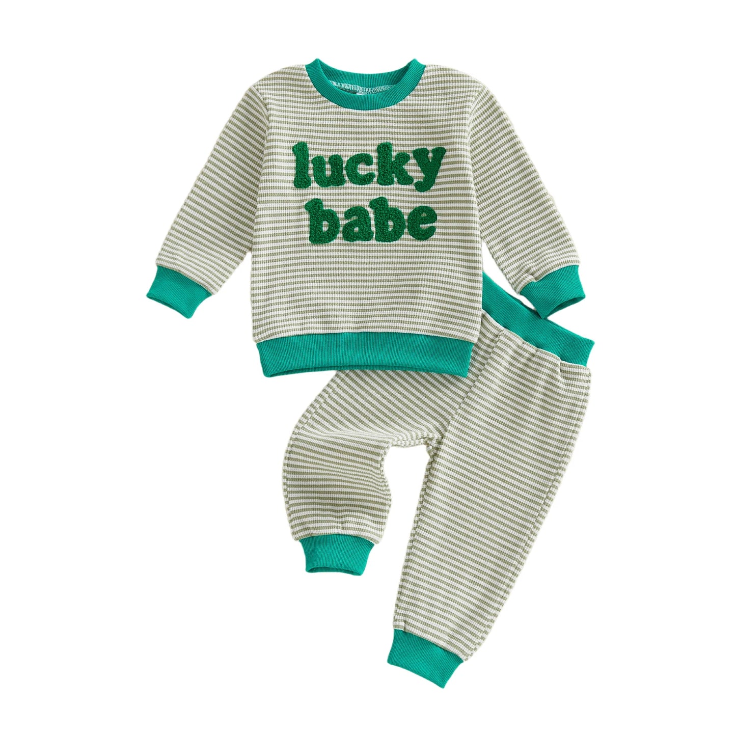 Baby Toddler Boys Girls 2Pcs Lucky Babe St. Patrick's Day Irish Outfit Striped Letter Embroidered Long Sleeve Top and Pants Jogger Set