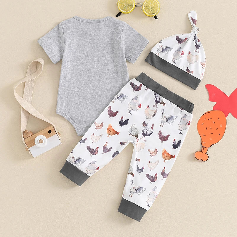 Baby Boys 3Pcs Outfit New To The Coop Letter Chicken Print Short Sleeve Romper Rooster Hen Print Long Pants Hat Clothes Set