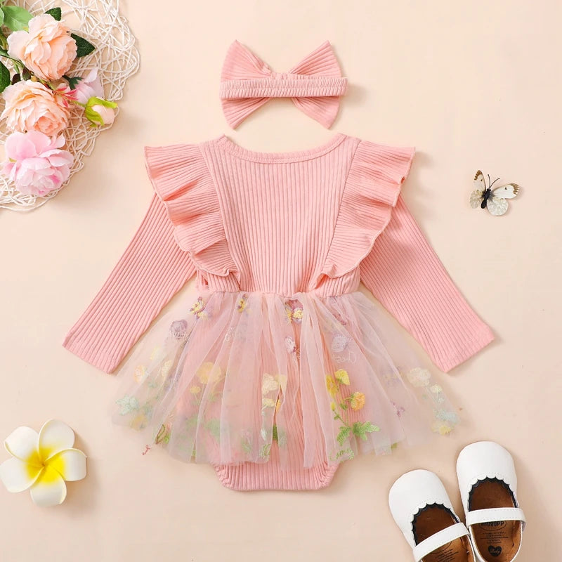 Baby Toddler Girls 2Pcs Outfit Floral Mesh Ruffles Long Sleeve Romper Dress Skirt Tutu and Headband Set