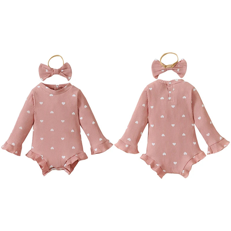 Baby Girl 2Pcs Fall Romper Ribbed Heart Print Long Sleeve Crew Neck Ruffled Jumpsuit with Bow Headband Set