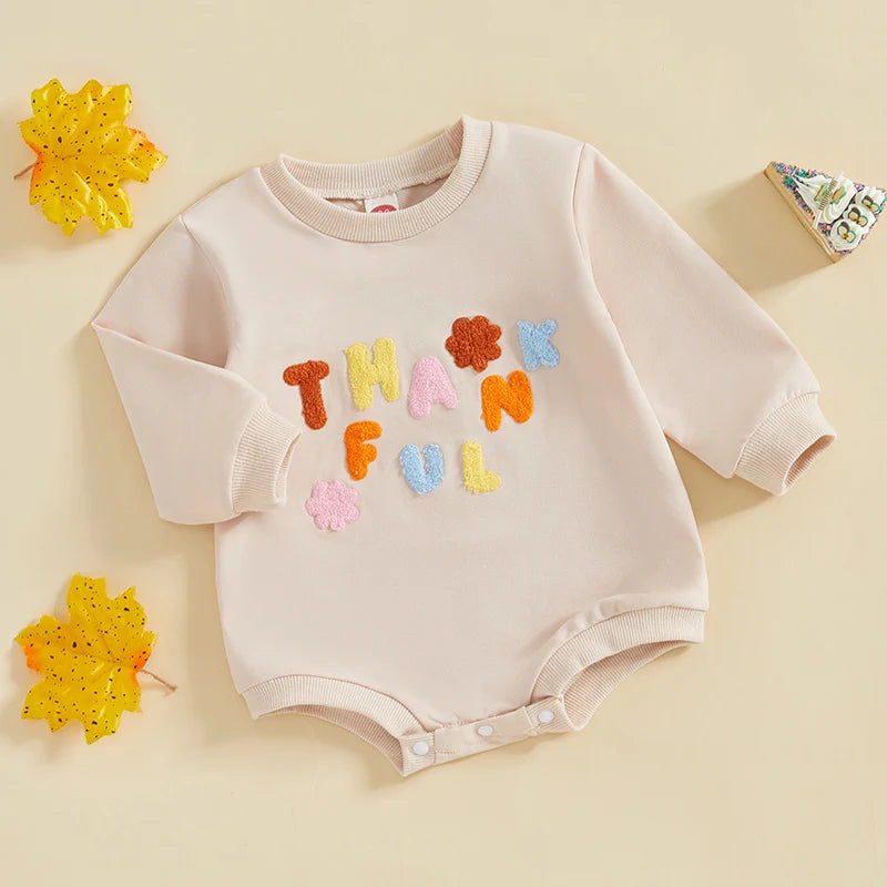 Baby Girls Thanksgiving Thankful Bubble Romper Letter Floral Embroidery O-Neck Long Sleeve Jumpsuit