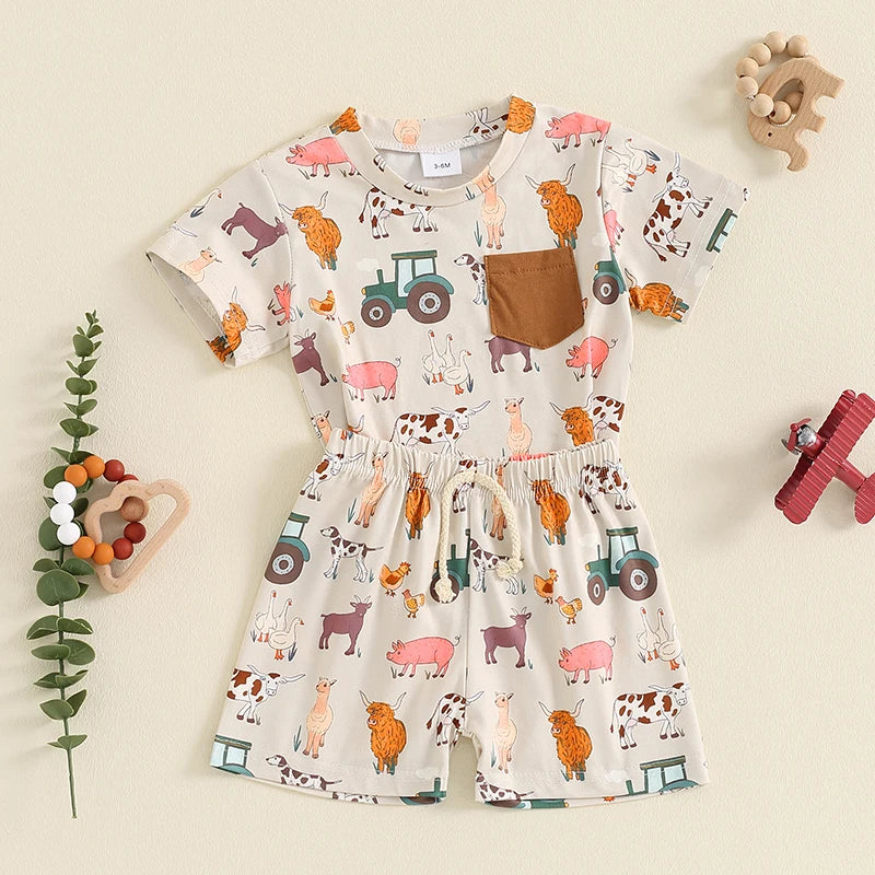 Baby Toddler Boys 2Pcs Farm Outfit Animal Tractor Print Pocket Short Sleeve Top with Elastic Waist Shorts Set