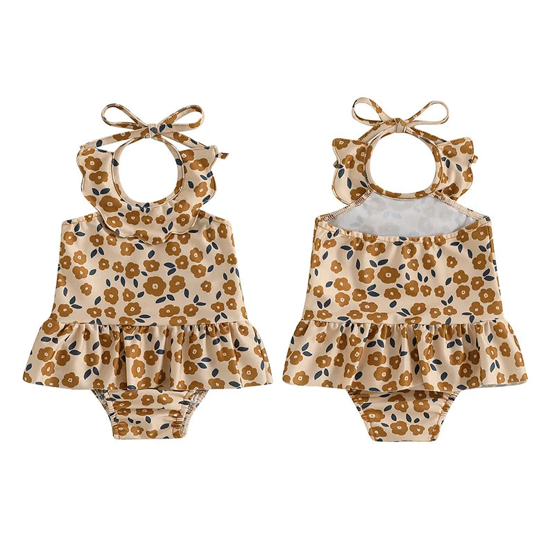 Baby Girls Halter Neck Swimwear Floral Cherry Print Romper Dress Bathing Suit Ruffled Beachwear