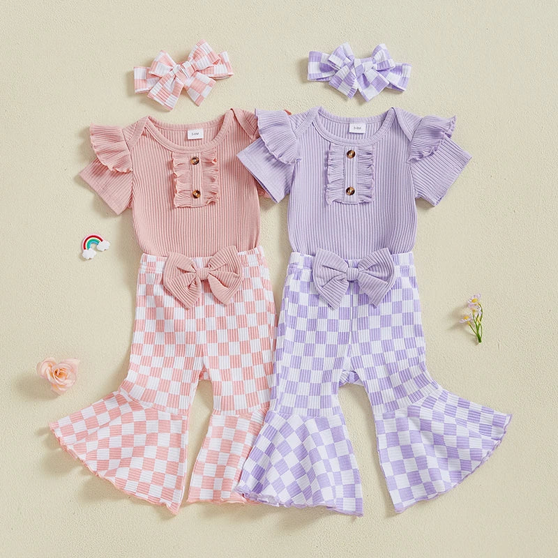 Baby Girls 3Pcs Summer Spring Clothes Solid Ribbed Short Sleeve Romper with Checkered Print Flare Long Pants and Headband Set