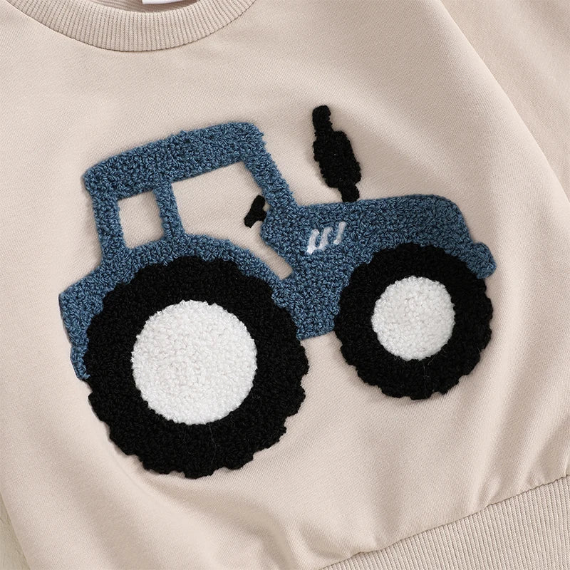 Baby Toddler Boys 2Pcs OutfitTractor Embroidery Long Sleeve Crewneck Top with Solid Long Pants Jogger Set