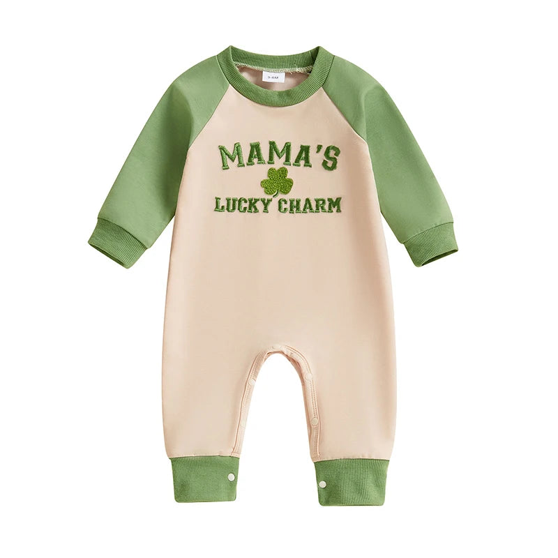 Baby Boys Girls Mama's Lucky Charm St. Patrick's Day Jumpsuit Letter Four Leaf Clover Embroidered Letters Raglan Long Sleeve Romper