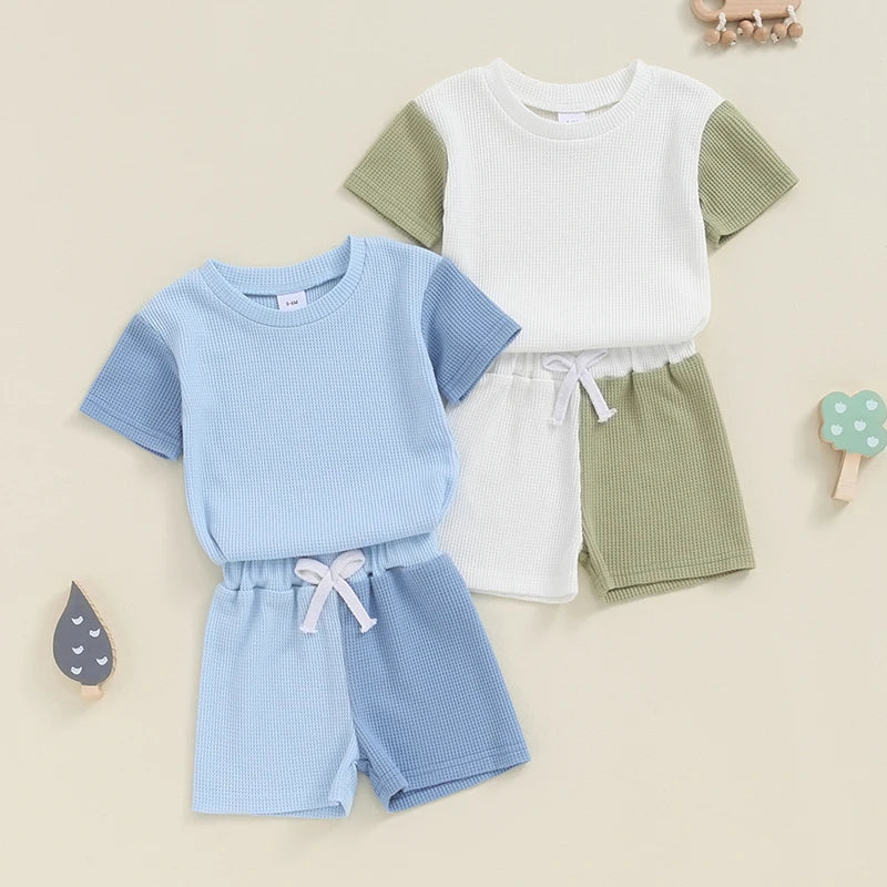 Baby Toddler Boys 2Pcs Summer Outfit Contrast Color Short Sleeves Top and Elastic Shorts Set