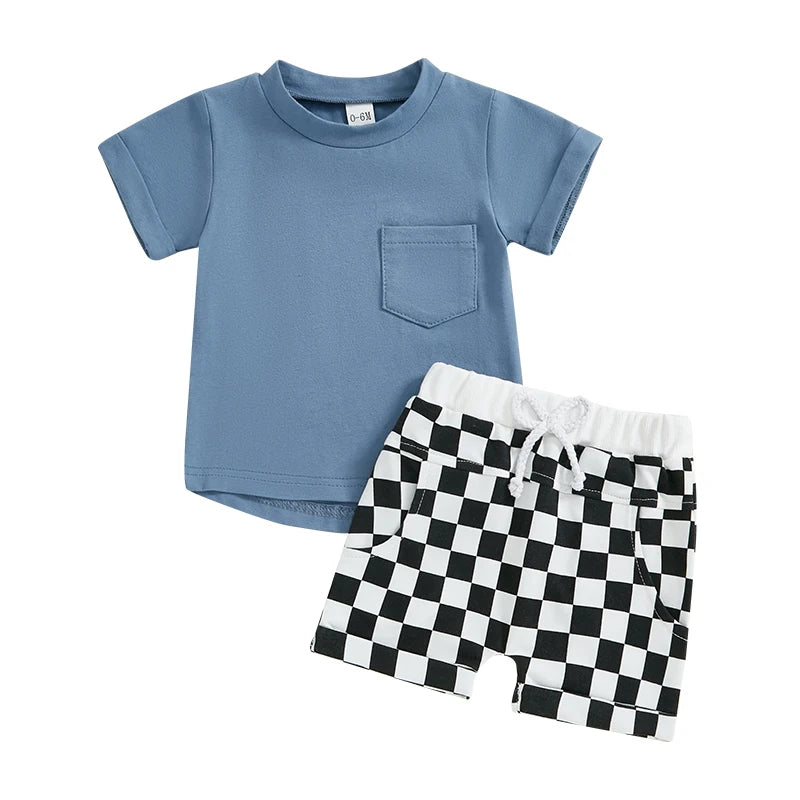 Baby Toddler Boys 2Pcs Summer Outfit Solid Color Short Sleeve Top T-Shirt Checkered Shorts Set