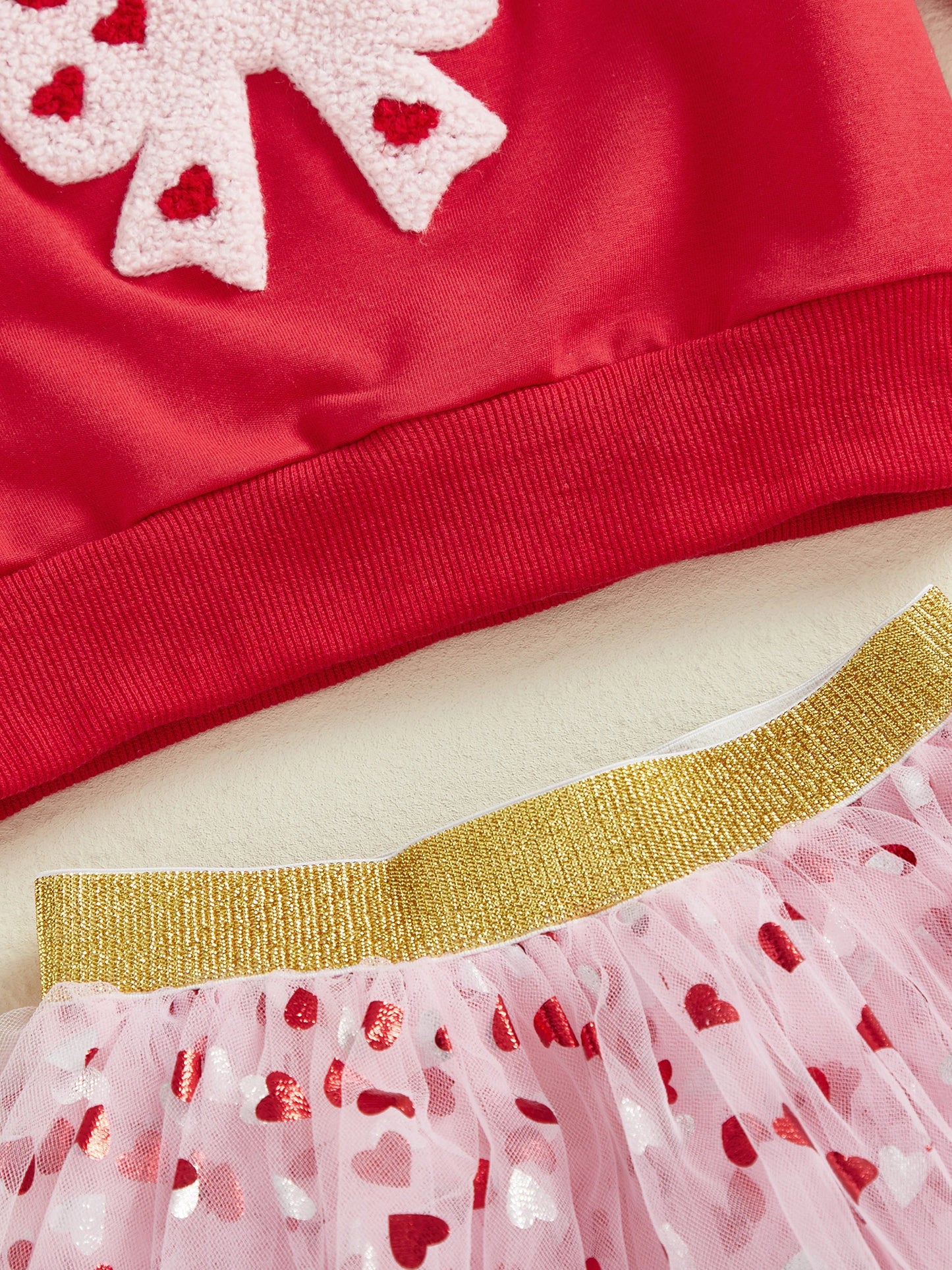 Baby Toddler Girls 2 Pcs XOXO Outfits Bow Letter Embroidery Long Sleeve Crew Neck Top and Heart Patterned Elastic Waist Tulle Tutu Skirt Set