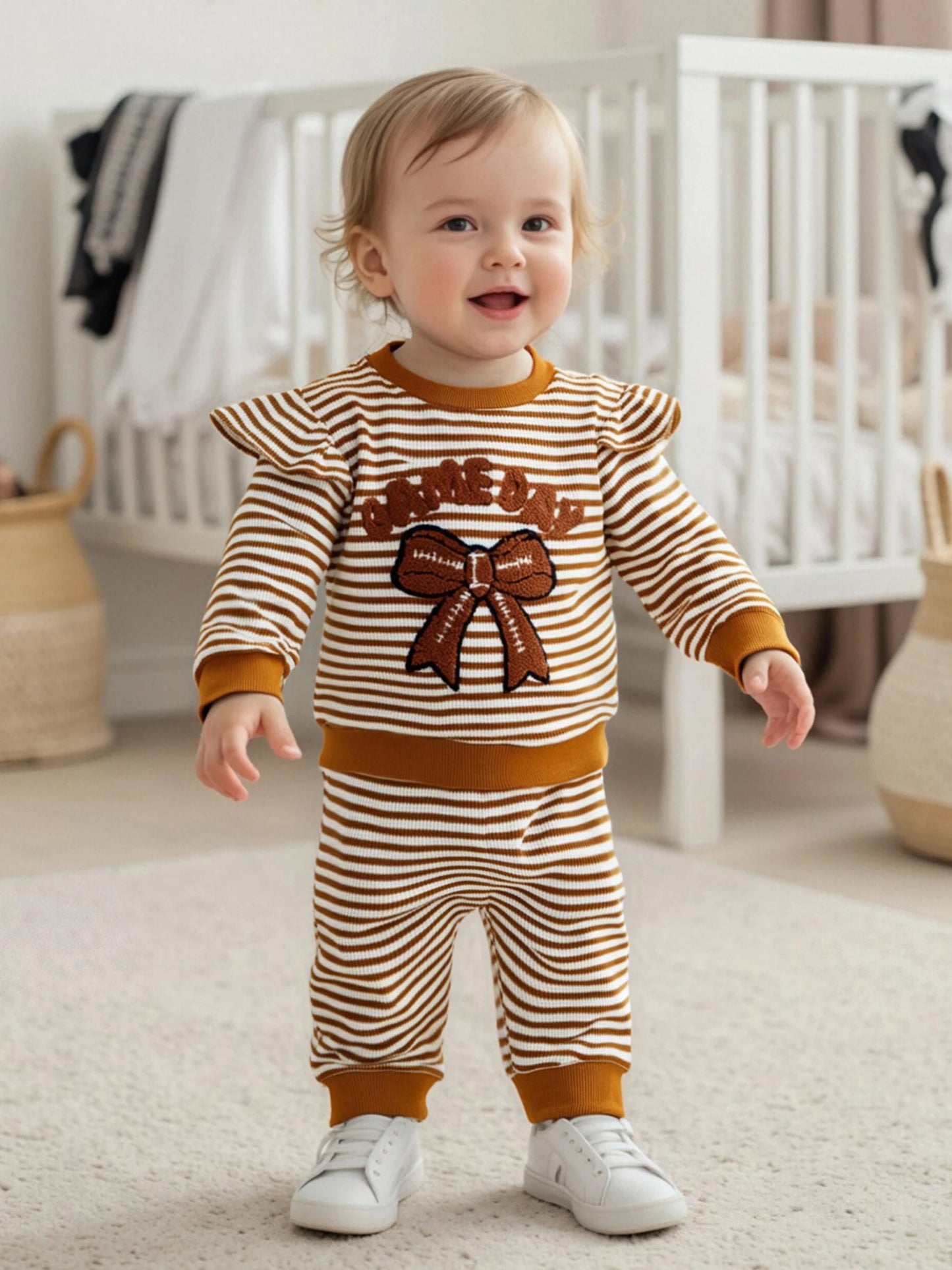 Baby Toddler Girls 2Pcs Game Day Fall Outfits Letter Bow Embroidered Striped Crew Neck Long Sleeve Top with Jogger Pants 2Pcs Set