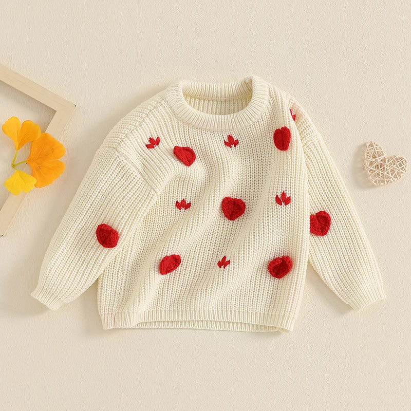 Baby Toddler Girls Valentine's Day Sweater Heart Long Sleeve O-Neck Ribbed Chunky Knit Jumper Valentines Top