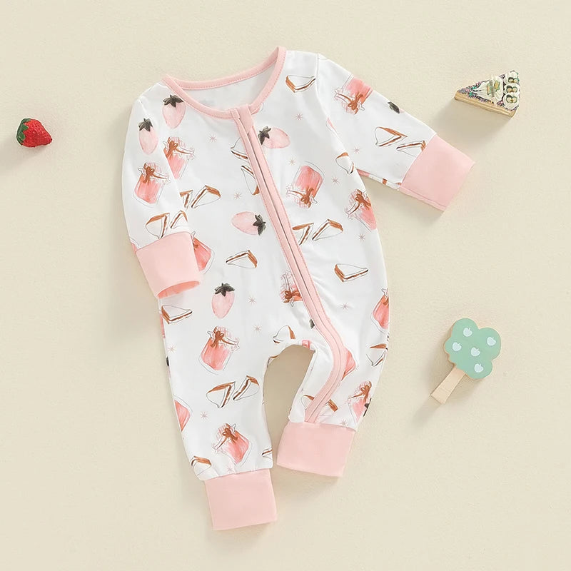 Baby Girls Long Sleeve Romper Strawberry Jam Jar Sandwich Print Front Zipper Jumpsuit