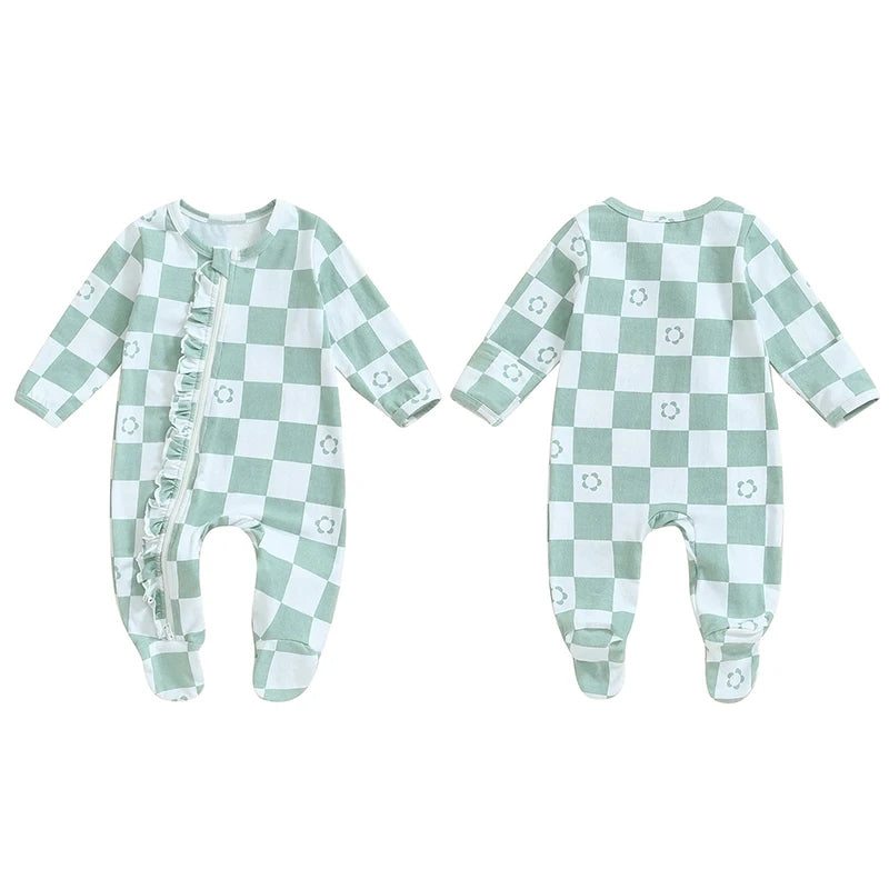 Baby Girls Footie Long Sleeve Crew Neck Zip Closure Checker Flower Print Fall Jumpsuit Zipper Romper