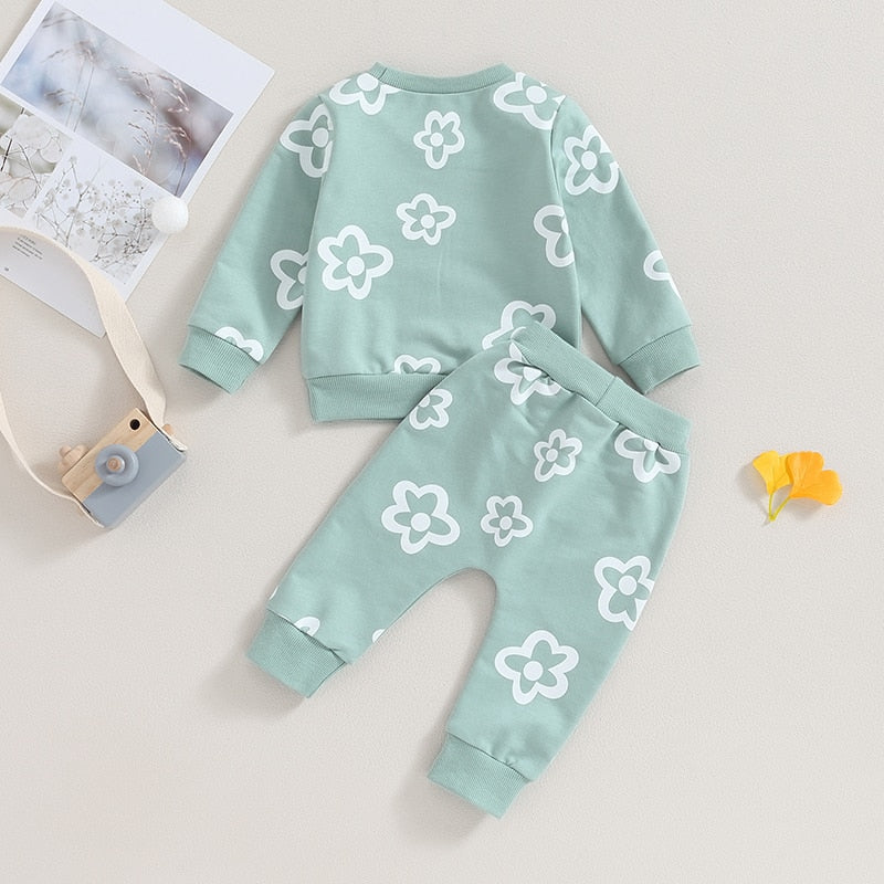 Baby Toddler Girls 2Pcs Outfit Flower Print Long Sleeve Crew Neck Top Elastic Waist Pants Fall Clothes Set