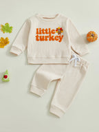 Baby Toddler Boy s2Pcs Little Turkey Thanksgiving Outfit Turkey Letter Embroidery Long Sleeve Pullover Top Elastic Waist Solid Pants Jogger Set