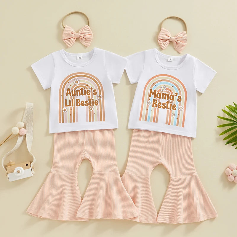 Baby Toddler Kids Girls 3Pcs Auntie's Lil Bestie / Mama's Bestie Summer Clothes Sets Rainbow Letter Short Sleeve T-shirts Ribbed Flare Pants Bow Headband Outfit