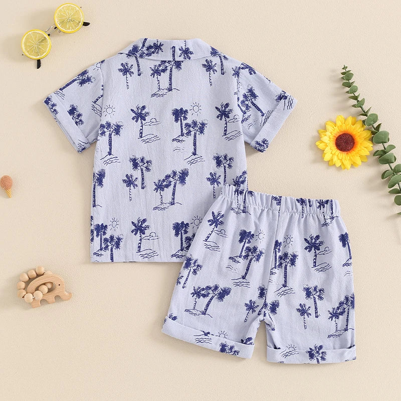 Baby Toddler Boy 2Pcs Summer Outfit Animal Palm Tree Print Lapel Neck Short Sleeve Button Down Shirt Elastic Waist Shorts Set