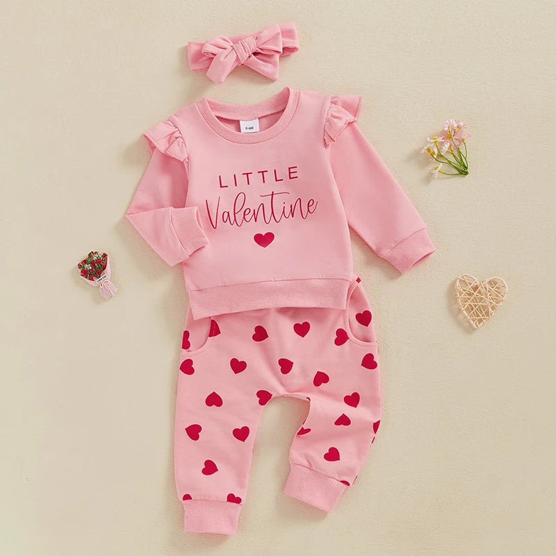 Baby Toddler Girls 3Pcs Little Valentine Valentine's Day Outfit Letter Print Flying Sleeve Top with Heart Pattern Jogger Pants and Headband Set Valentines