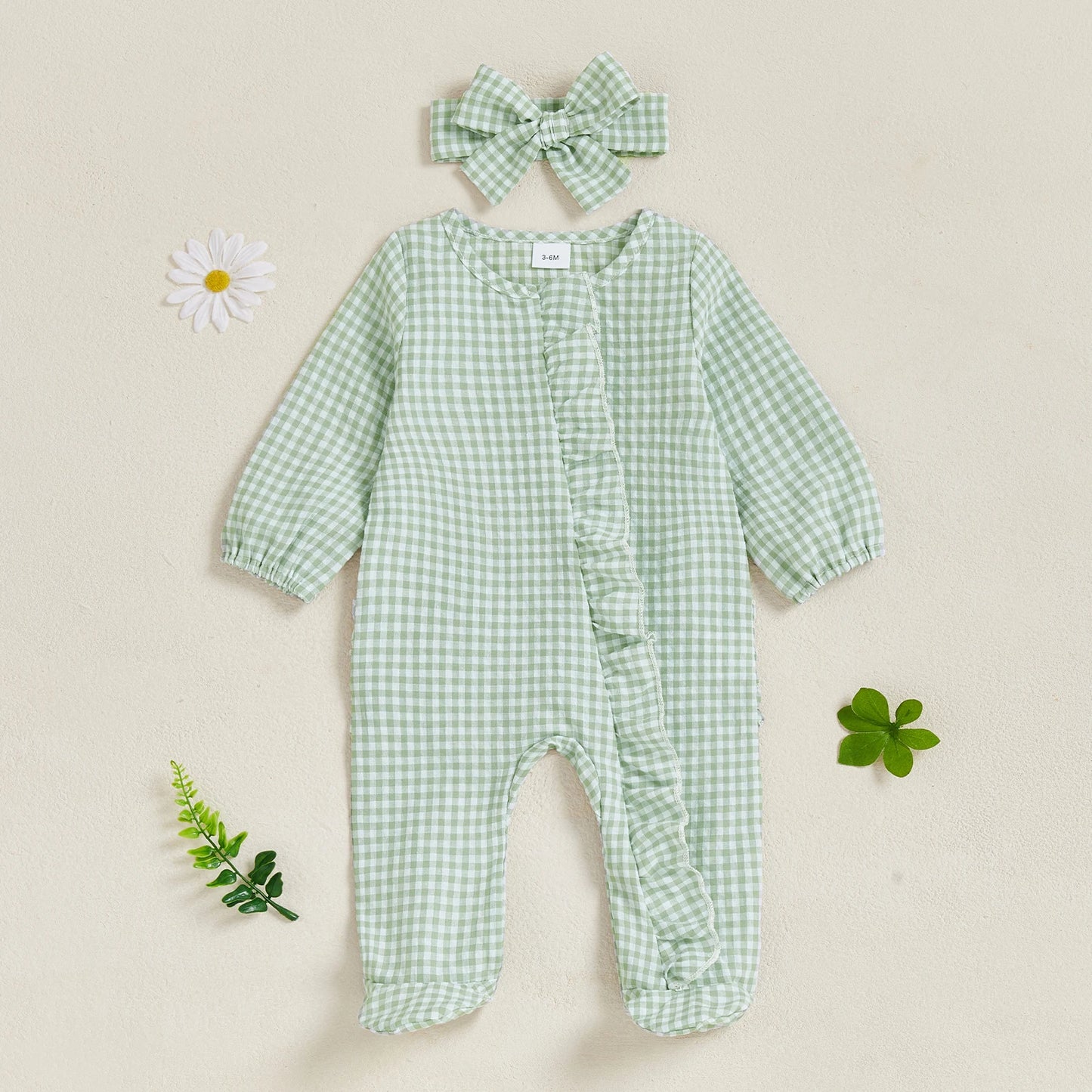 Baby Girl 2Pcs Fall Footies and Headband Set Plaid Ruffled Trim Zip Front Long Sleeve Zipper Romper