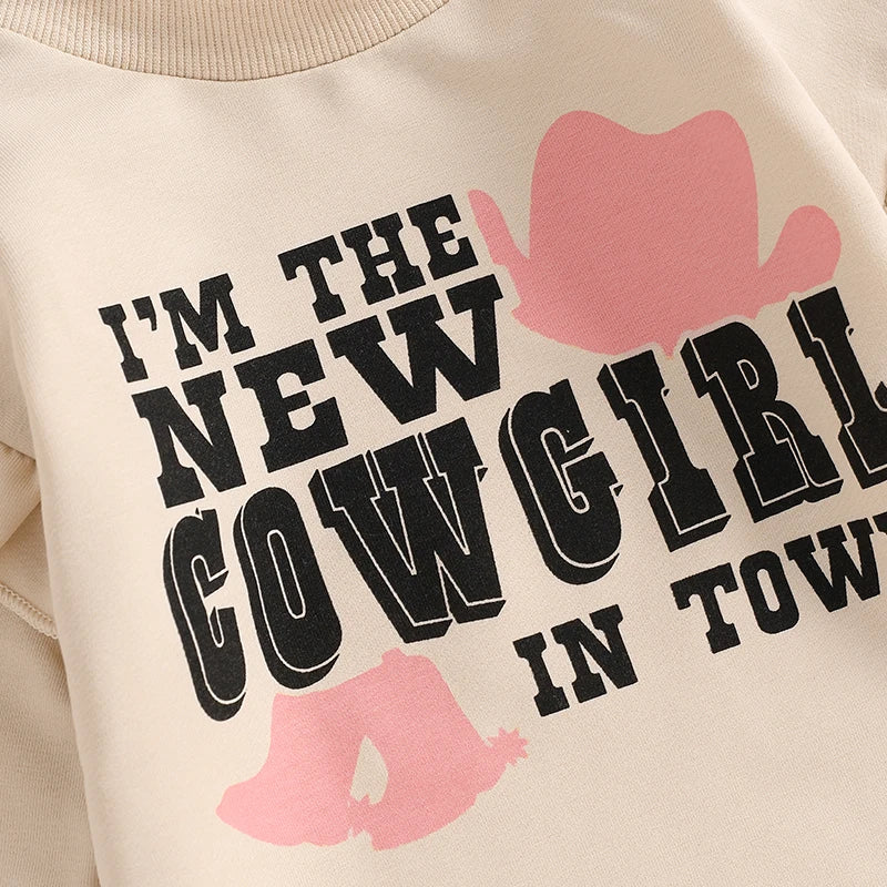 Baby Girls I'm The New Cowgirl In Town Fall Romper Cowboy Hat Letter Print Round Neck Ruffled Long Sleeve Bubble Jumpsuit