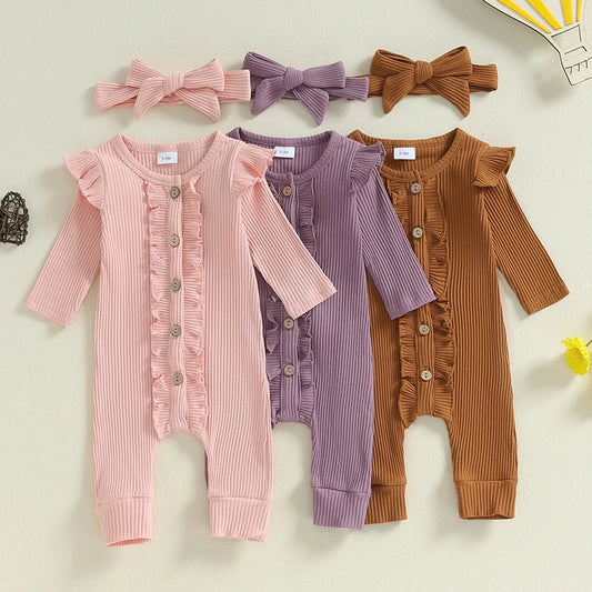 Baby Girls 2Pcs Romper Solid Color Buttons Frills Crew Neck Long Sleeve Jumpsuits Fall Bodysuit with Headband Outfit Set