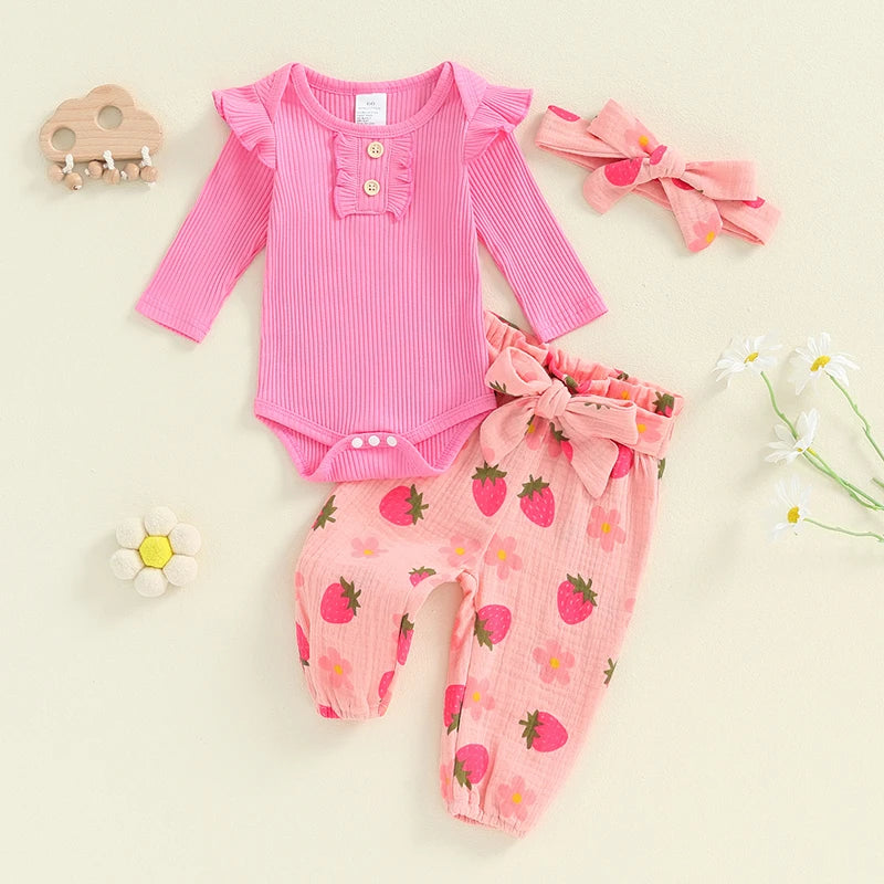 Baby Girls 3Pcs Fall Outfit Long Sleeve Ribbed Romper + Floral Flower Print Pants + Headband Set