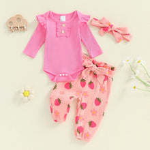 Load image into Gallery viewer, Baby Girls 3Pcs Fall Outfit Long Sleeve Ribbed Romper + Floral Flower Print Pants + Headband Set
