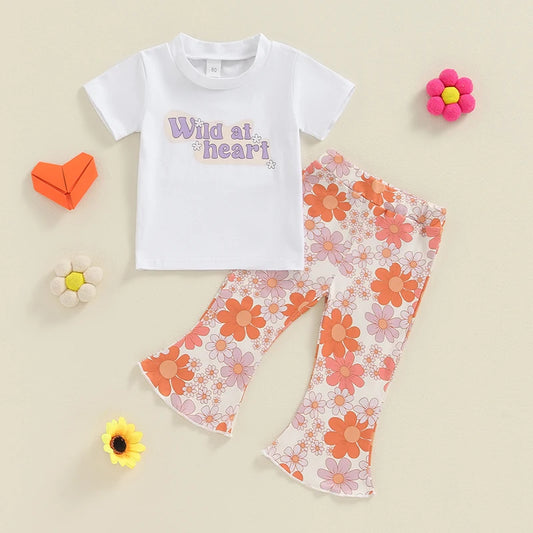 Baby Toddler Girls 2Pcs Wild At Heart Summer Outfit Letter Print Round Neck Short Sleeve Top with Elastic Waist Flower Print Flare Pants Set