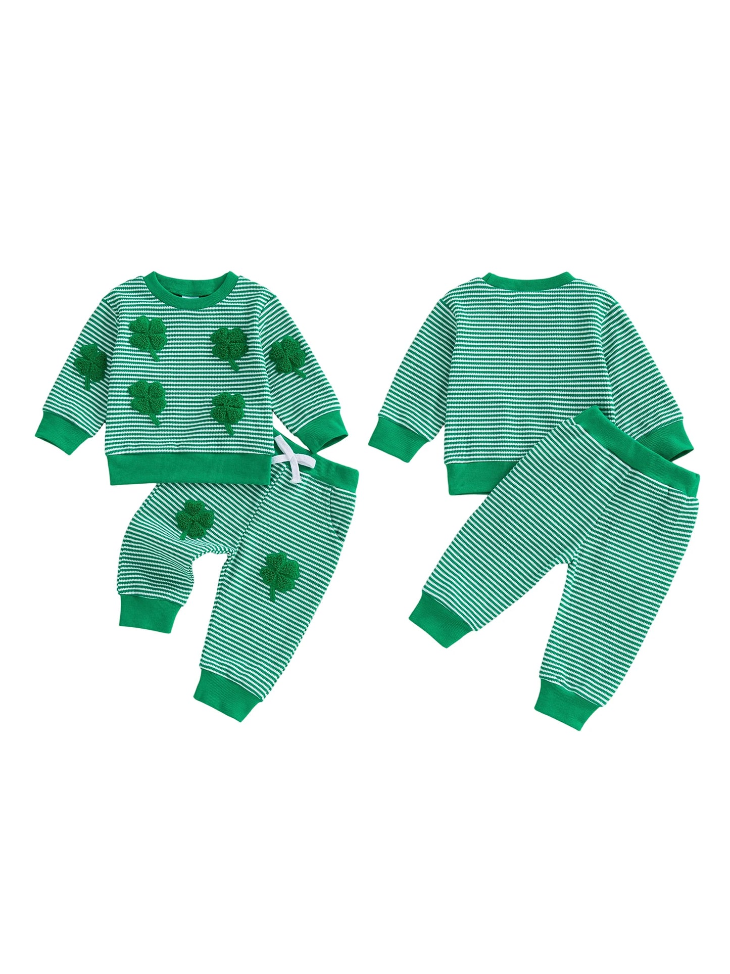 Baby Toddler Boy 2Pcs Spring Outfit Four-Leaf Clover Embroidery Long Sleeve O-Neck Pullover + Elastic Waist Stripe Pants St. Patrick's Day Jogger Set