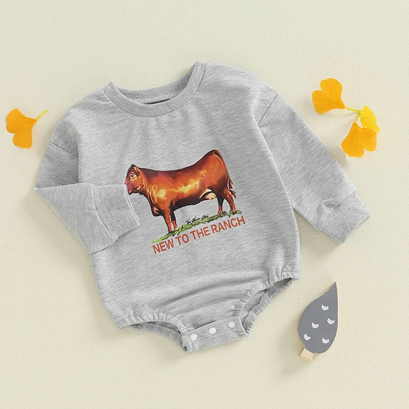 Baby Boys New To The Ranch Western Romper Casual Cattle Cow Letter Print Round Neck Long Sleeve Jumpsuit