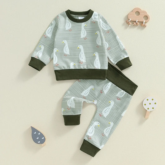 Baby Toddler Boys Girls 2Pcs Fall Outfit Duck Print Long Sleeve Top Elastic Waist Pants Set