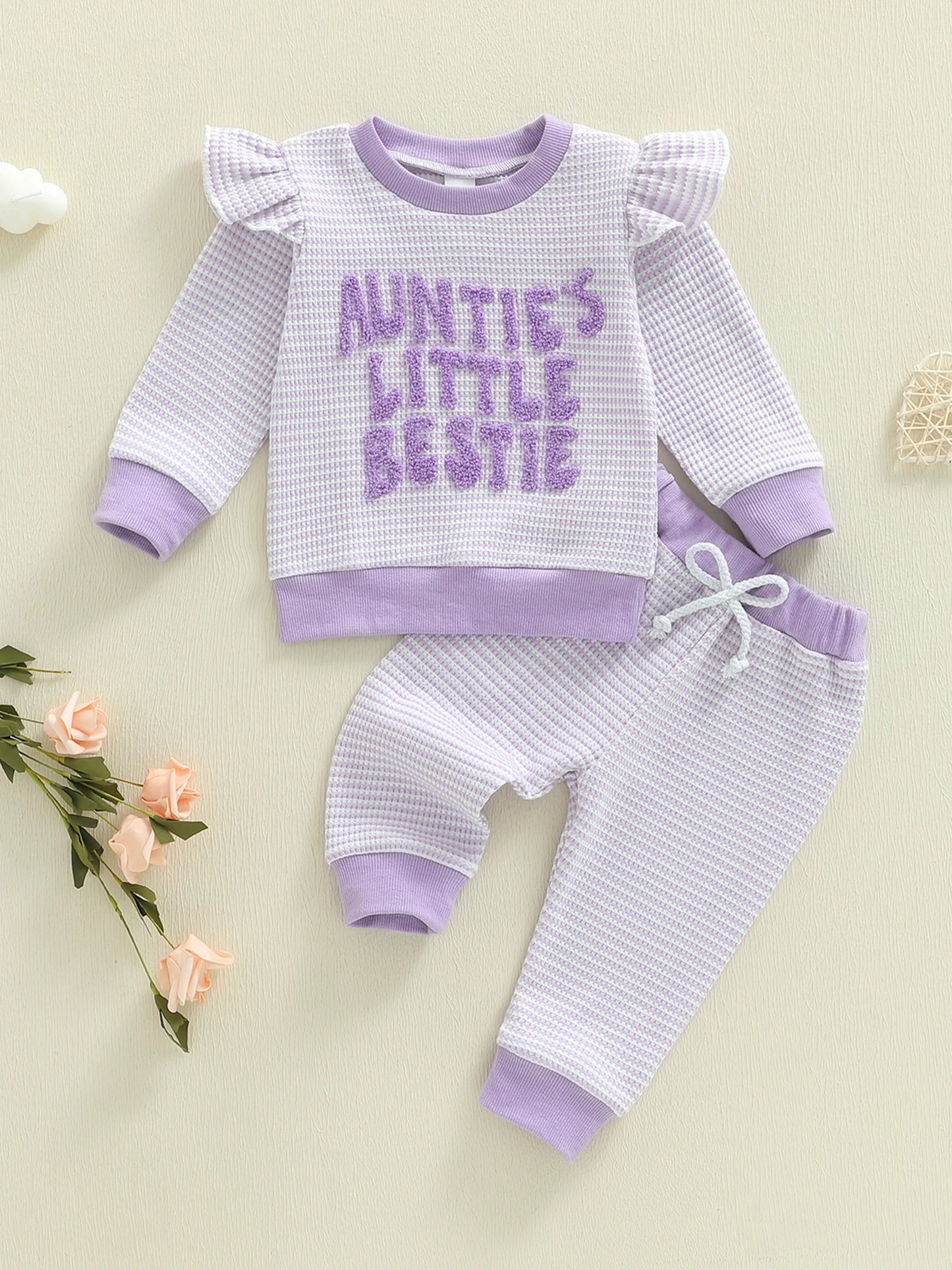 Baby Toddler Girl 2Pcs Auntie's Little Bestie Outfits Long Sleeve Letter Top Elastic Waist Pants Set Clothes