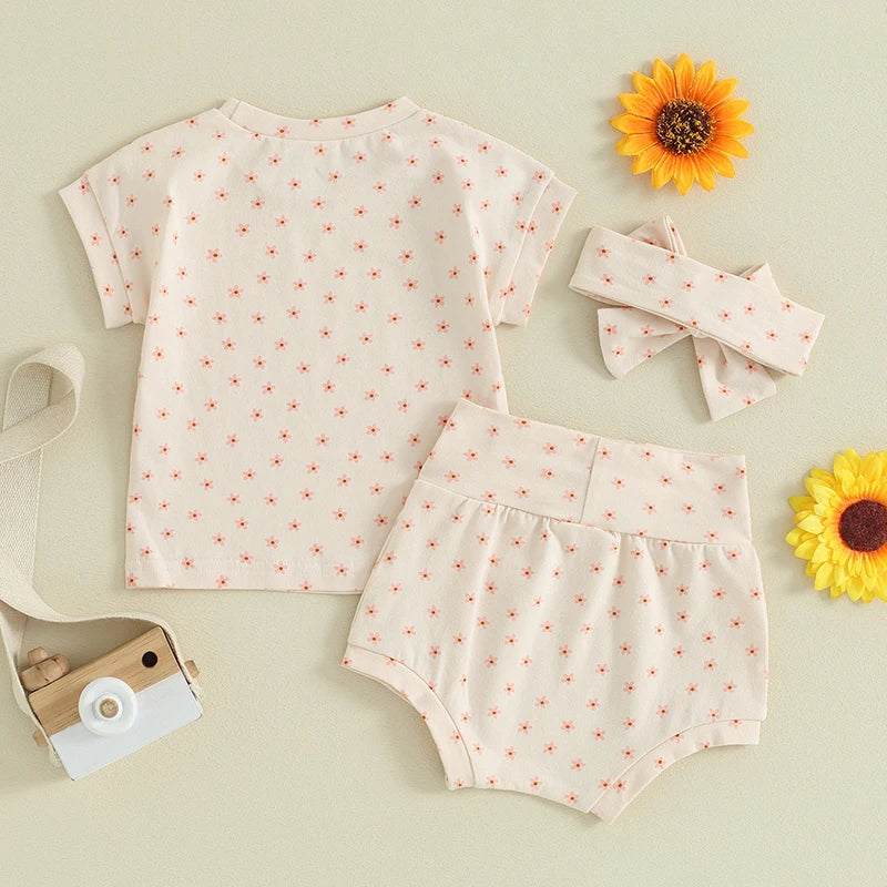 Baby Toddler Girl 3Pcs Clothing Sets Cotton Floral Flowers Print Short Sleeve Pullover Top + High Waist Shorts + Headband