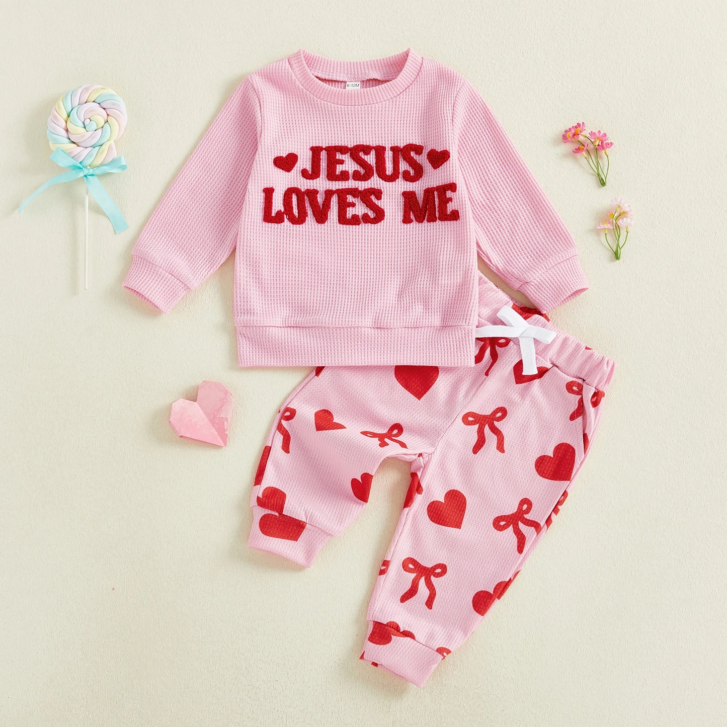 Baby Toddler Girls 2Pcs Valentine's Day Be Mine / Jesus Loves Me Outfit Fashionable Heart Letters Embroidery Long Sleeve Pullover Top with Pants Jogger Set