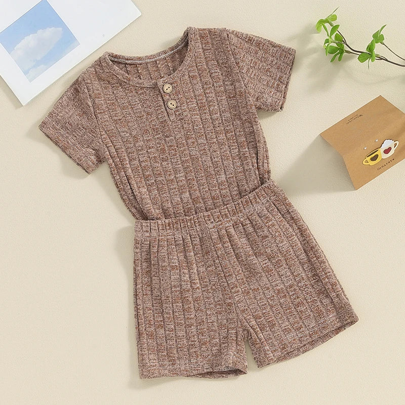 Baby Toddler Boy Girl 2Pcs Summer Clothes Plain Color Ribbed Knit Short Sleeve Button Top Elastic Waist Shorts Set Casual