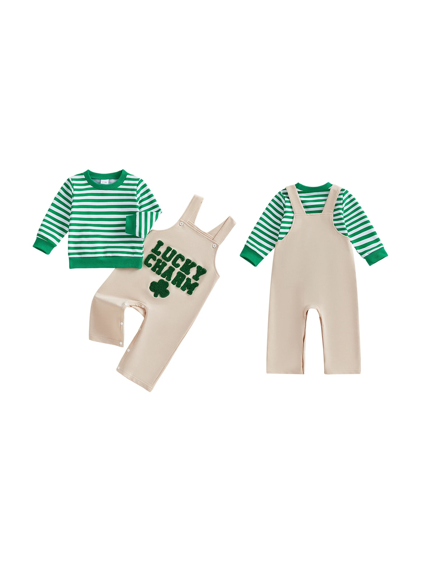 Baby Toddler Boys 2Pcs Spring Outfit Lucky Charm Long Sleeve Top and Shamrock Embroidery Overalls Set Clothes