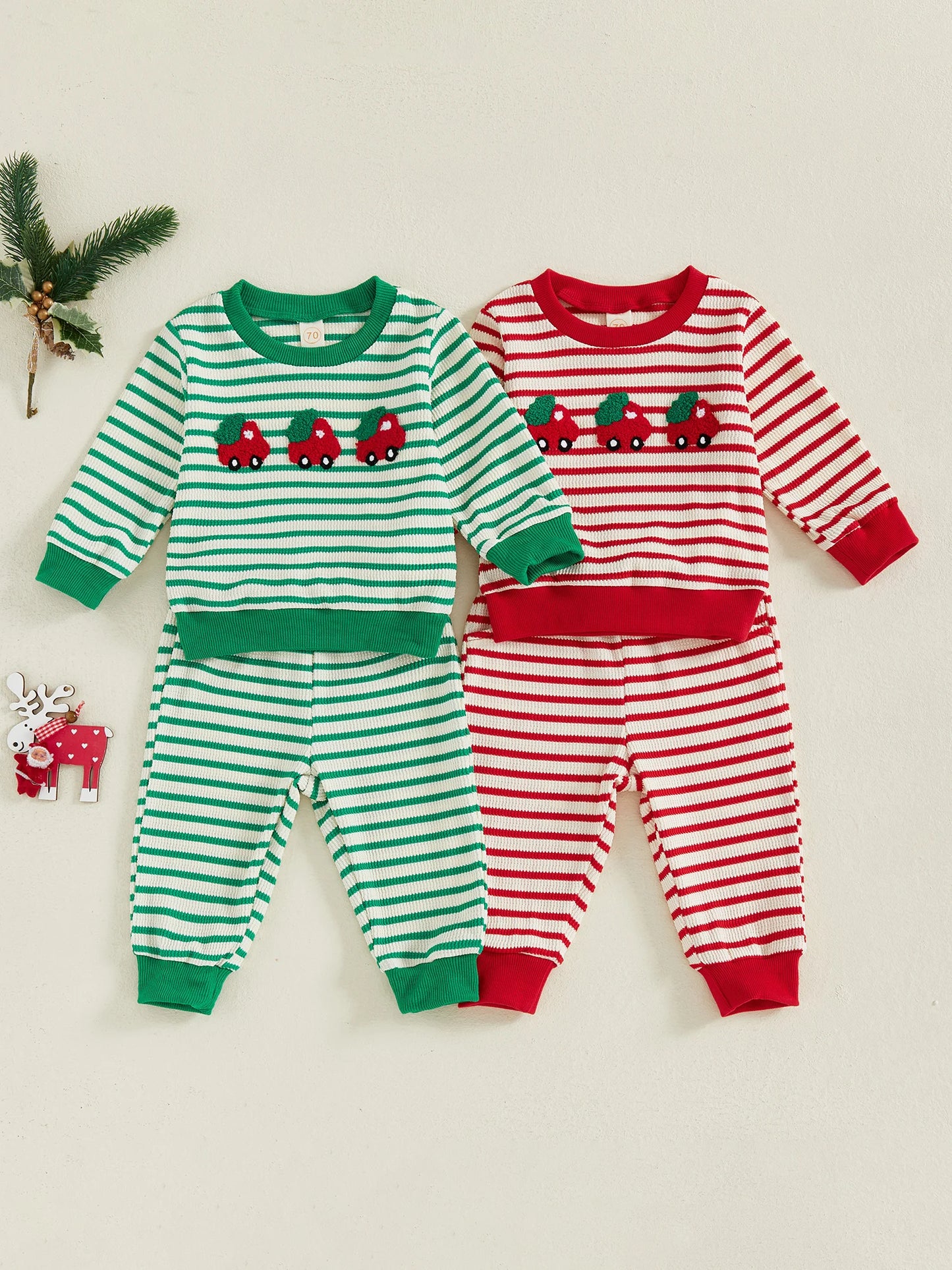 Baby Toddler Girls Boys 2Pcs Christmas Outfit Car Truck Tree Embroidered Striped Crew Neck Long Sleeve Pullover Top and Pants 2Pcs Jogger Set