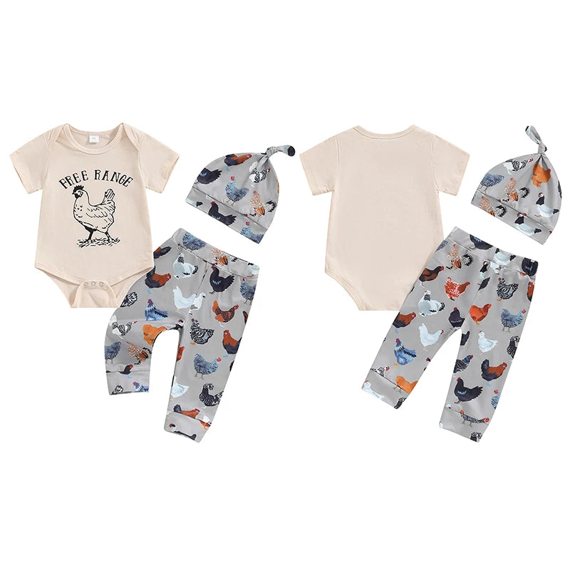 Baby Boys Girl 3Pcs Free Range Outfit Hen Chicken Print Short Sleeve Romper with Pants and Hat Set